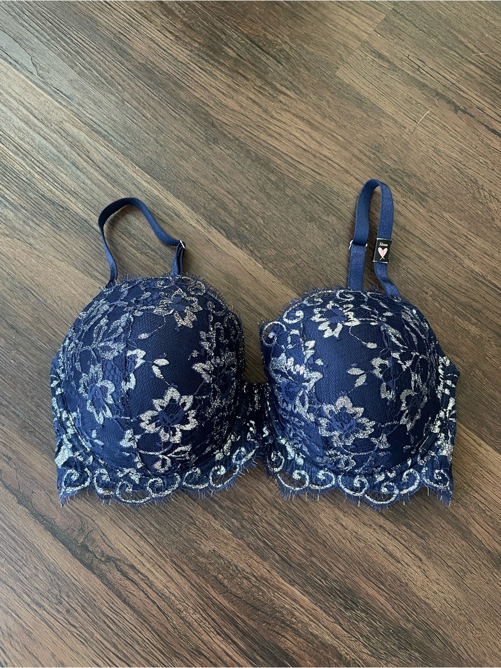 Victoria’s Secret Dream Angels Lined Demi 32DDD Bra Blue Lace Silver Overlay NEW